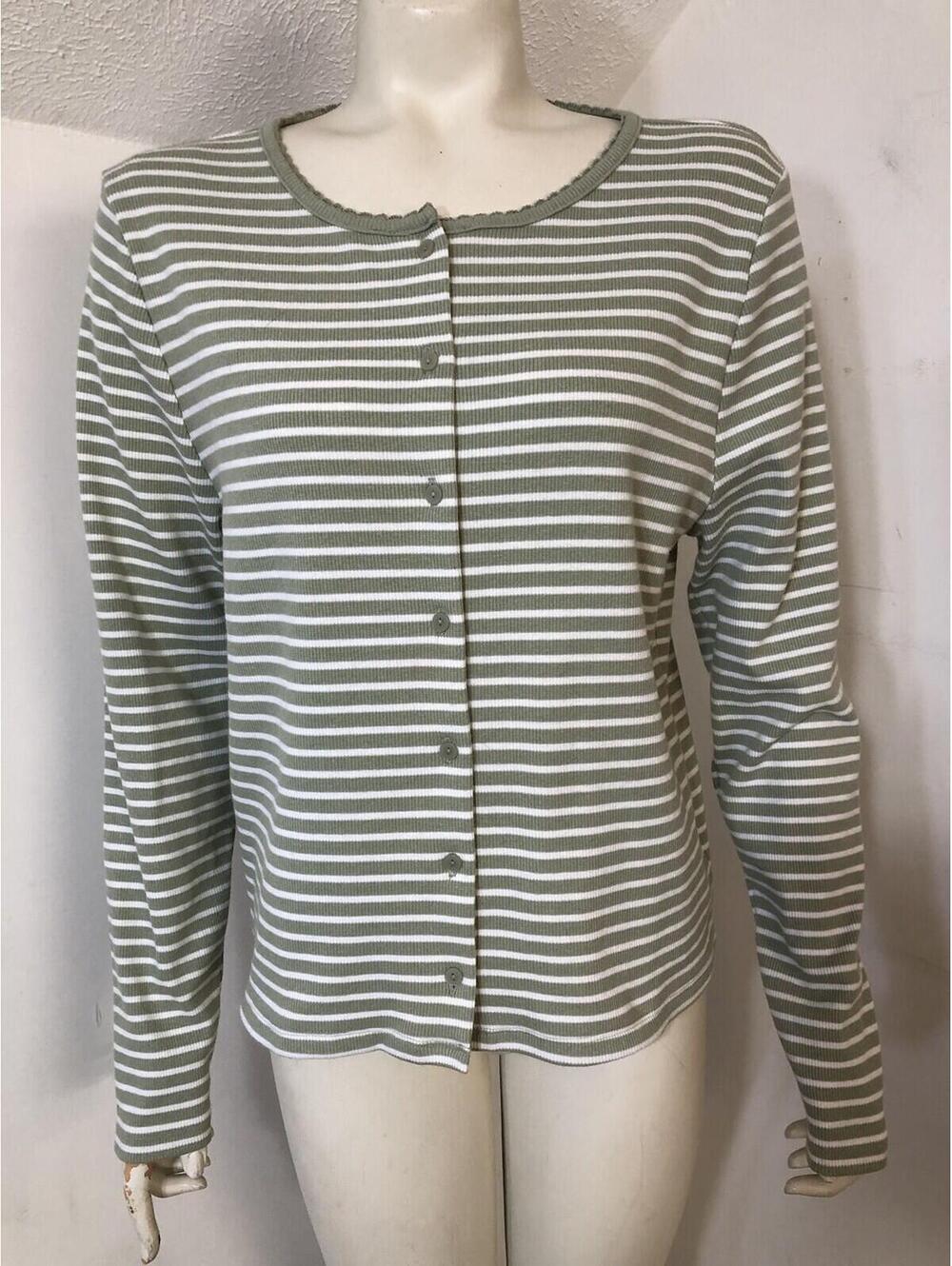 Loft Womens XL Cardigan Rib Knit Sage Green White Stripes Longsleeved Button Up